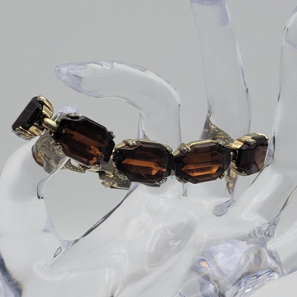 Vintage Brown Topaz Crystal Bead Link Chain Bracelet 7 inch Gold Silver Tone